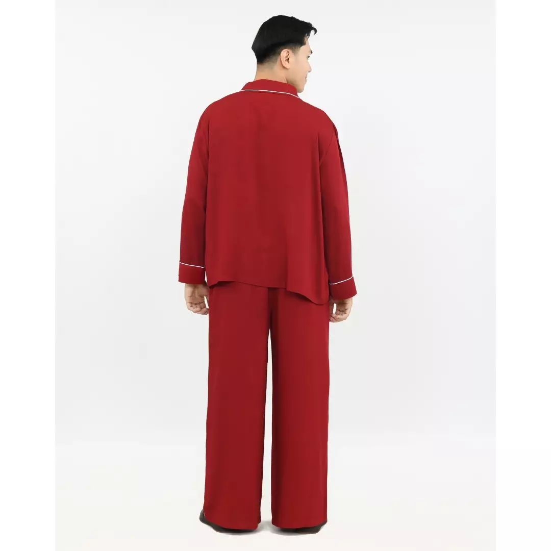 Setelan Baju Tidur Panjang Piyama Pria Plain [MERAH] One Set Sleepwear Pajamas Material Katun Size M-XXL