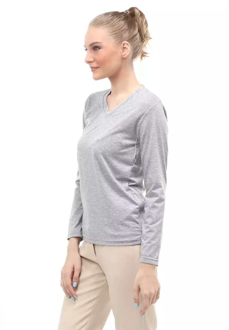 Kaos Polos Atasan Wanita V-Neck Lengan Panjang Design Simple Relaxed Fit - Abu Muda