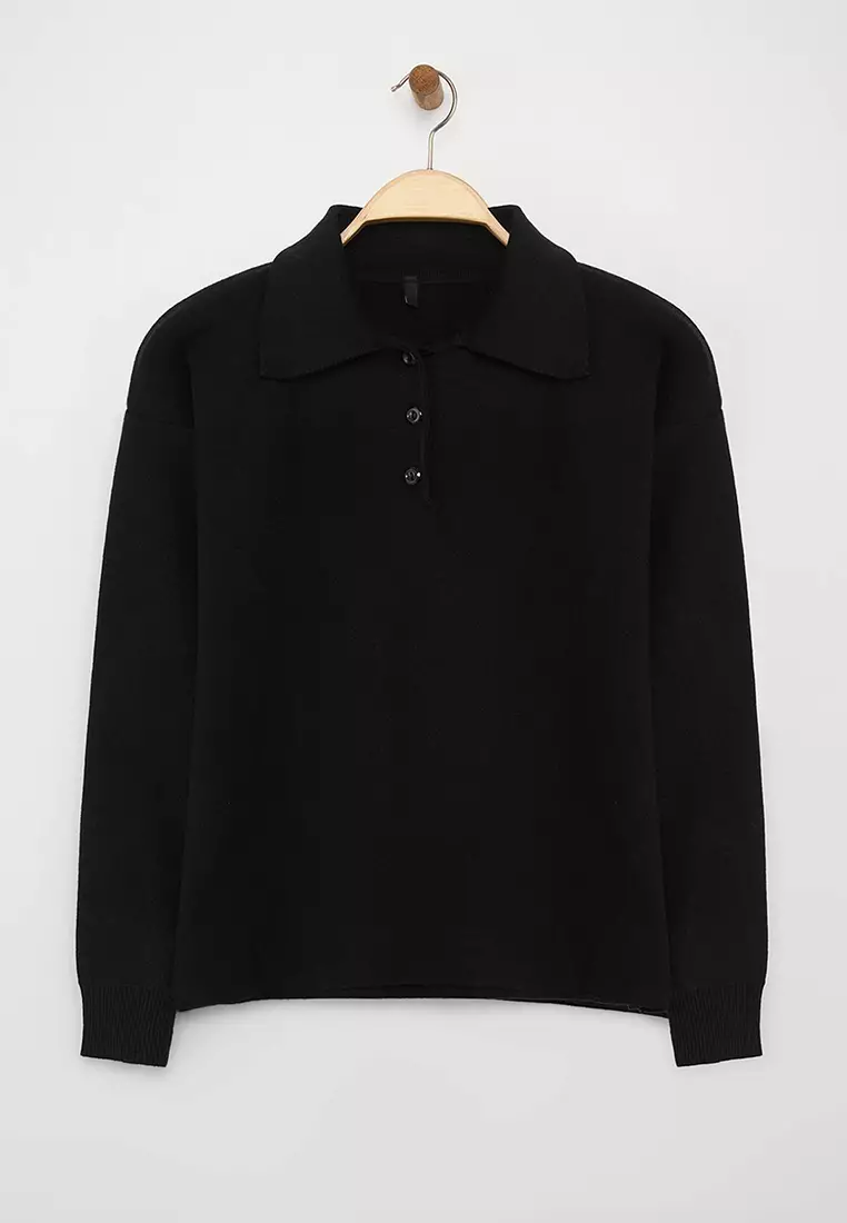 Black*001 Premium/Special Yarn Polo Collar Plain Knitwear Sweater