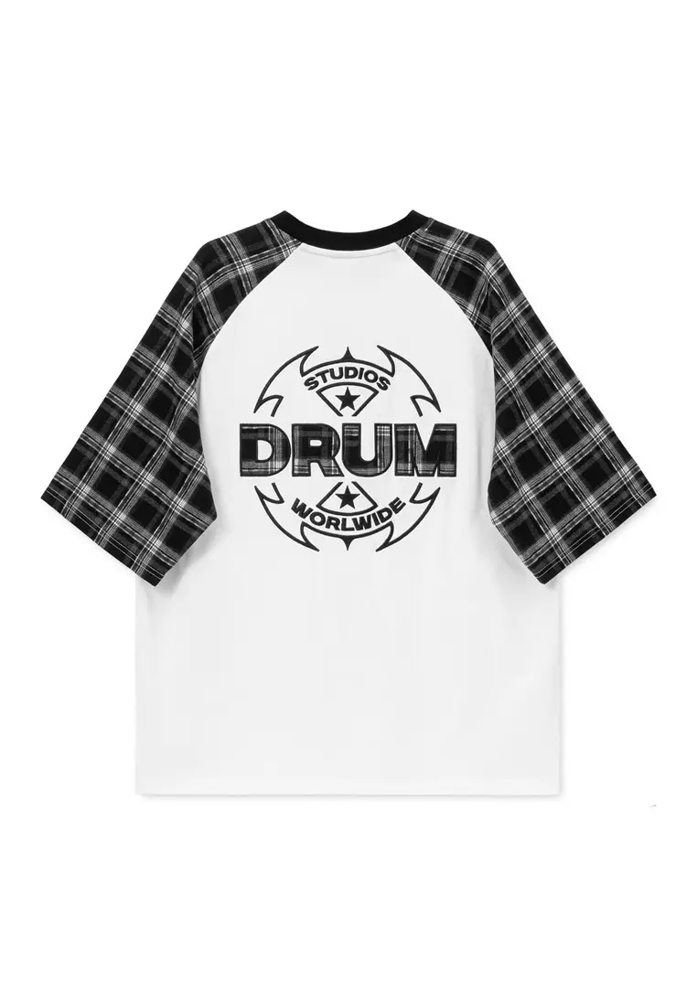 DRUM S. Flannel Printed Raglan Sleeve Oversized Tee- White
