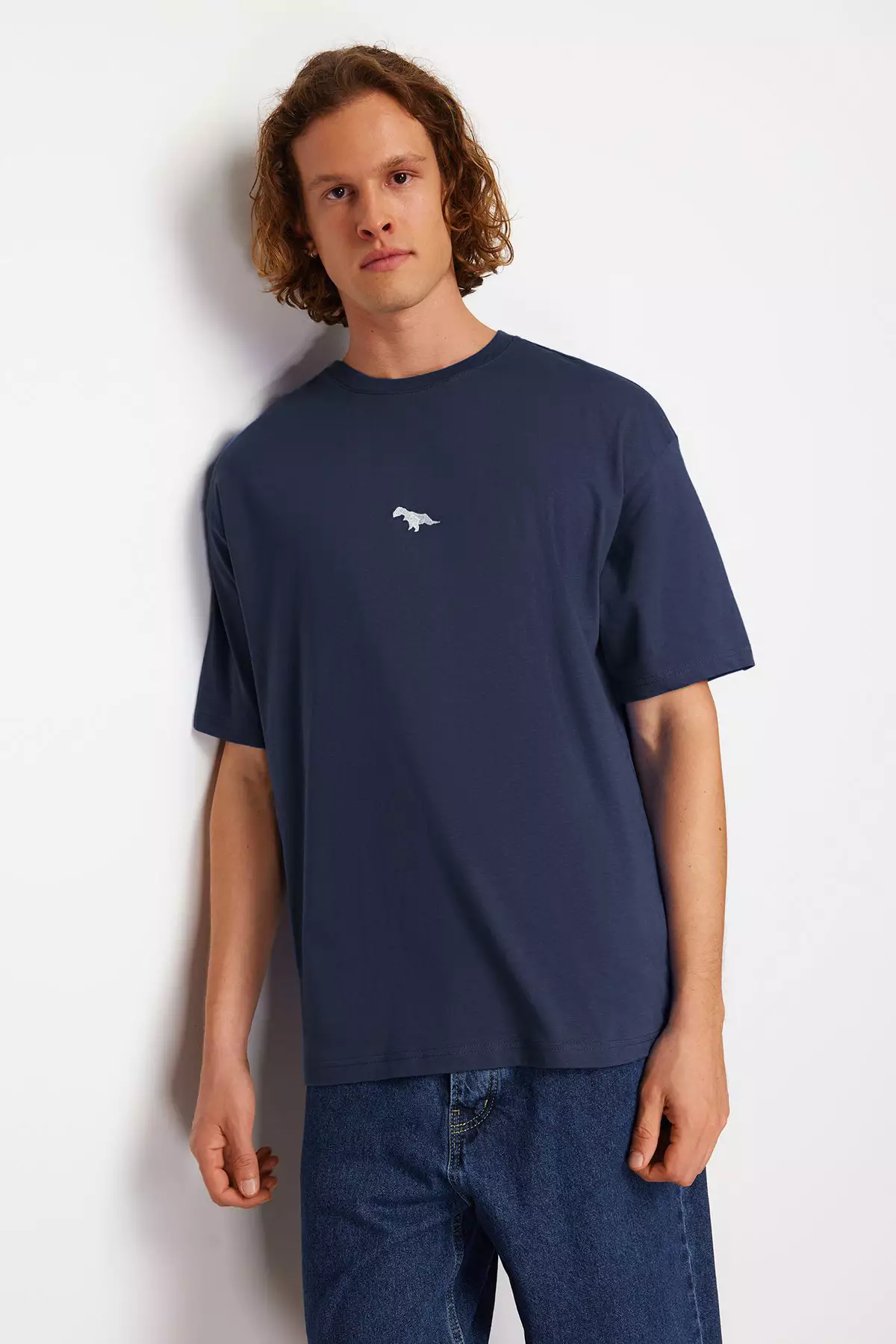 Oversize/Wide Cut Short Sleeve Dinosaur Embroidered T-Shirt