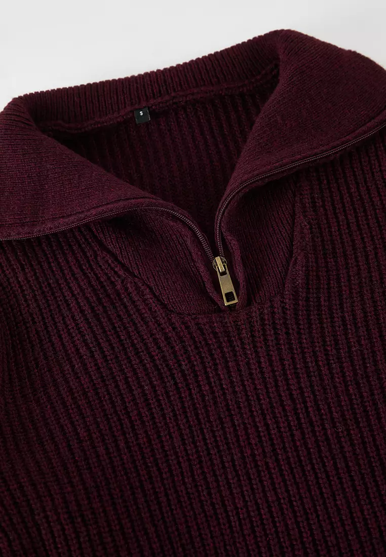Burgundy Regular Stand Collar Plain Sweater Tmnaw22Kz0347