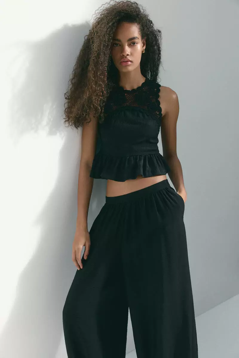 Crochet-look-section textured top