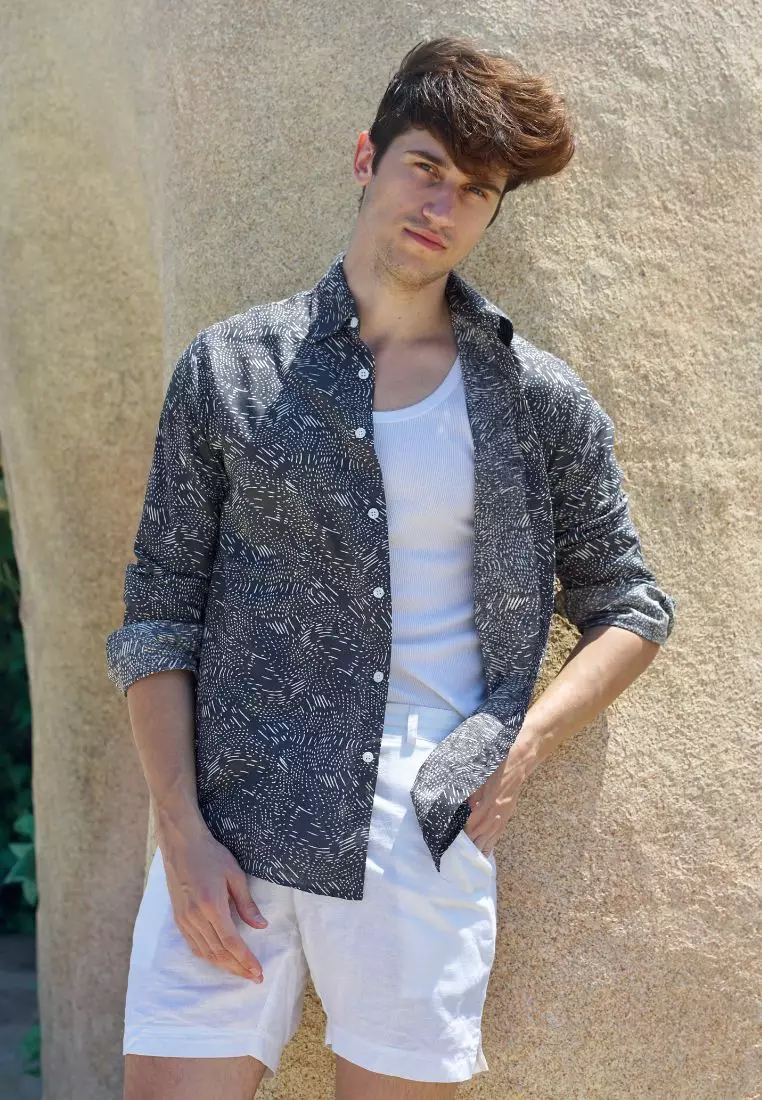 Key West Kemeja Linen Lengan Panjang Pria Hitam Motif | Linen Long Sleeve Shirt Men Patterned Black