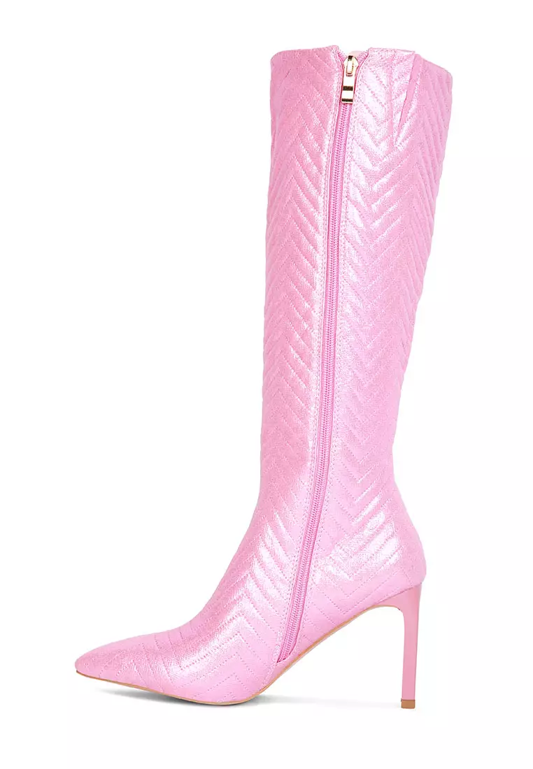 Pink Quilted Italian High Block Heeled Calf Boots