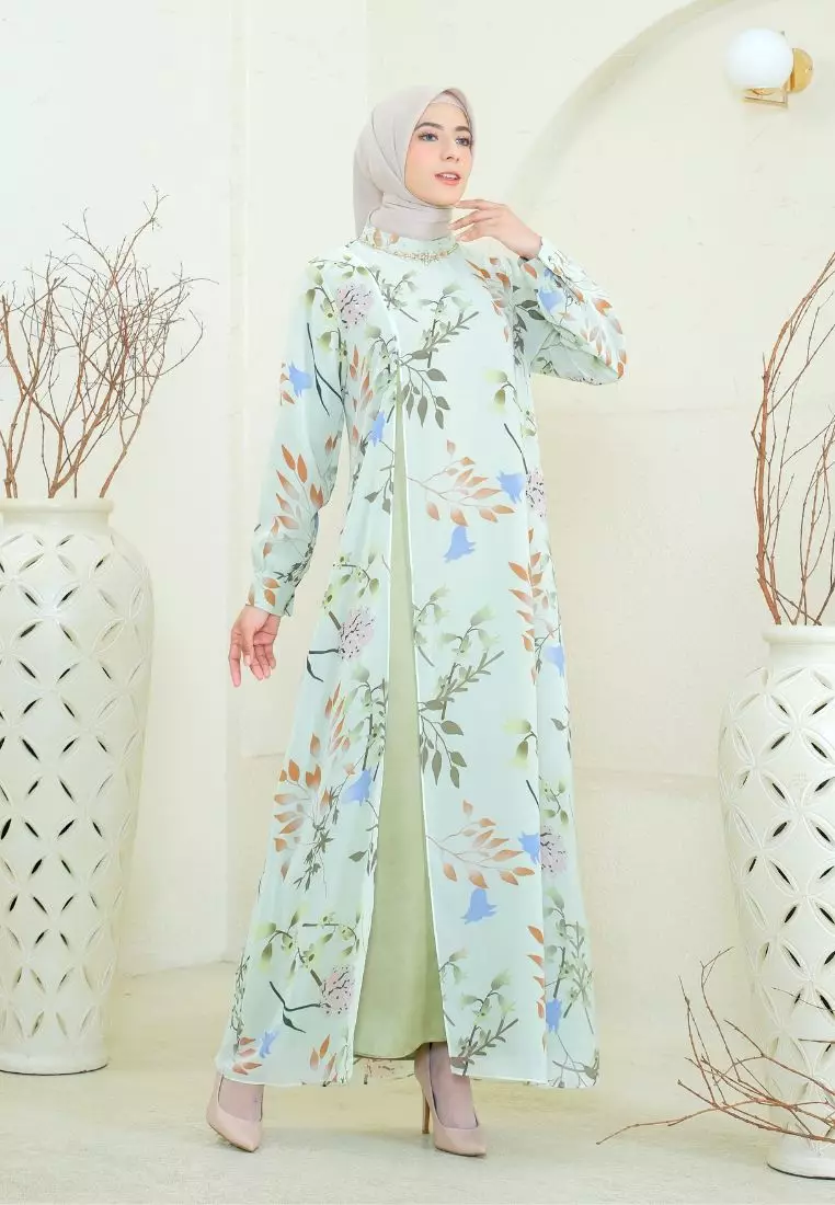 Sifon Moslem Leaf Print Two Layer In Soft Green By Brilliant Girl Warna HIJAU