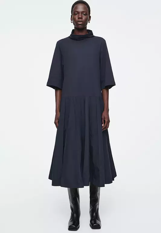 Funnel-Neck Panelled Midi Dress