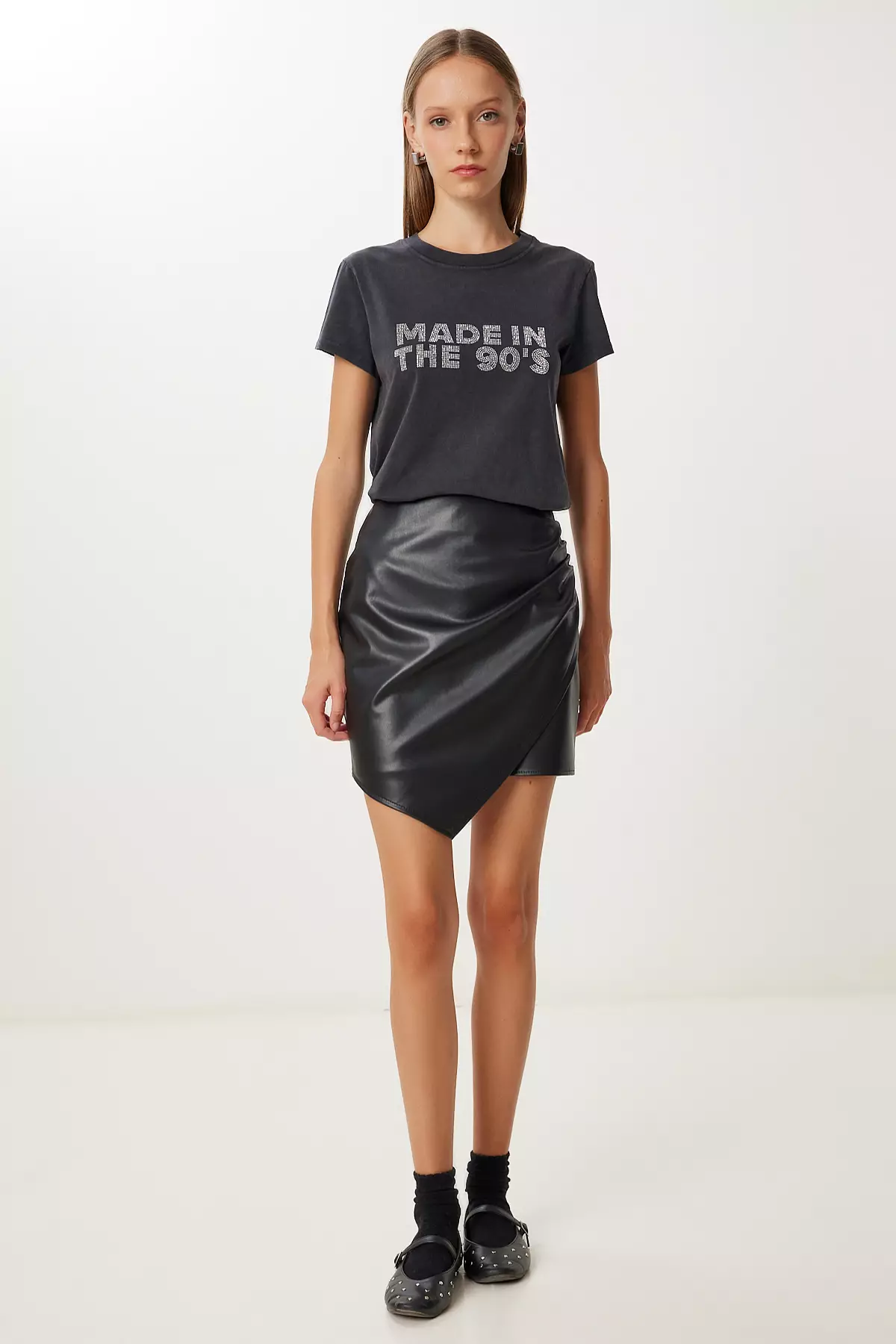 Women's Black Asymmetrical Mini Faux Leather Skirt Gp00030