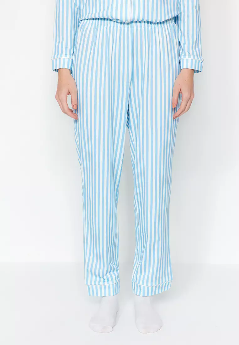 Stripe Patterned Piping And Fleece Lined Shirt-Pants Knitted Pajama Set