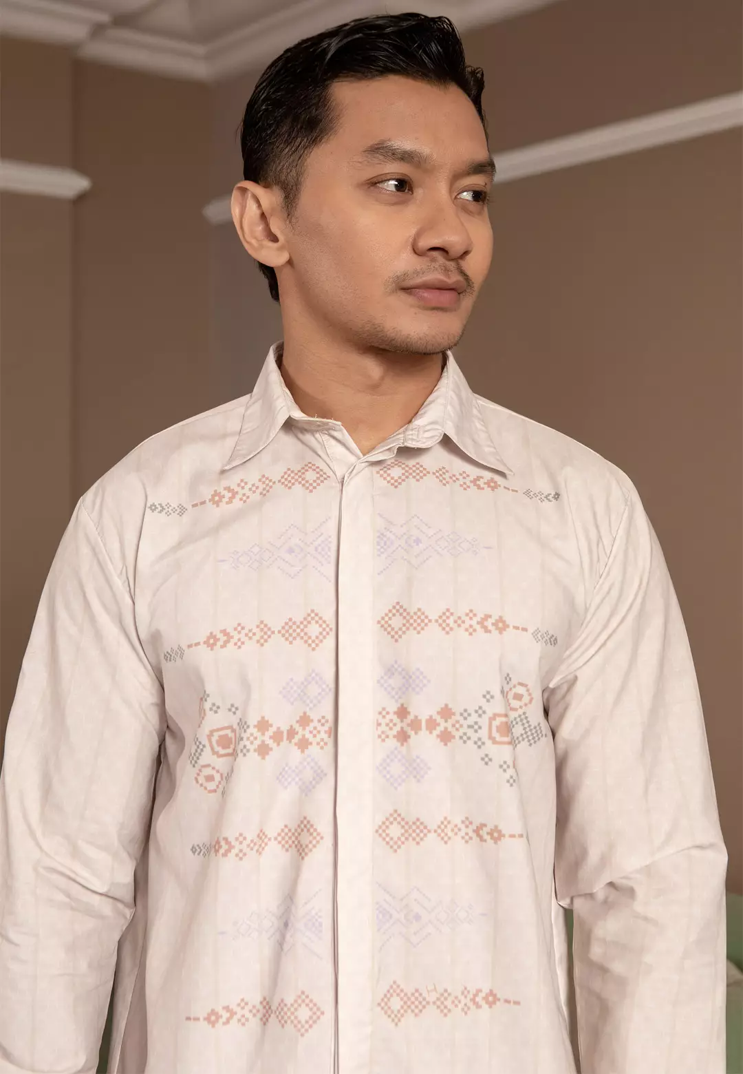 HijabChic Malik Koko Sand Stone - Baju Lebaran Pria Koko Motif Geometris