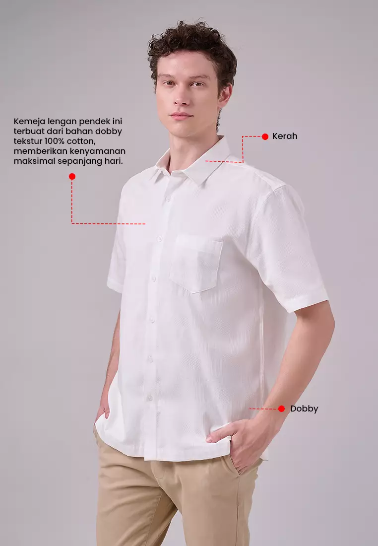 MANZONE - Kemeja Dobby Lengan Pendek Pria Janis Comfort Fit - White Warna White