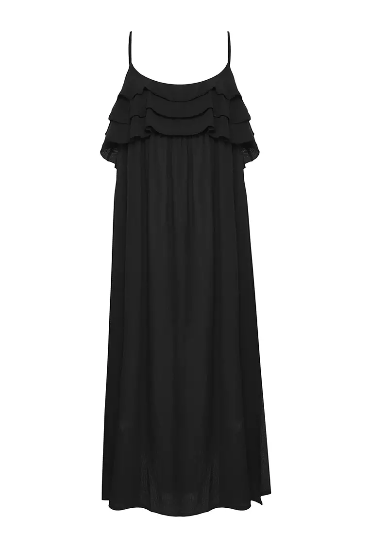 Black Woven Midi Flounces Beach Dress Tbess25El00132