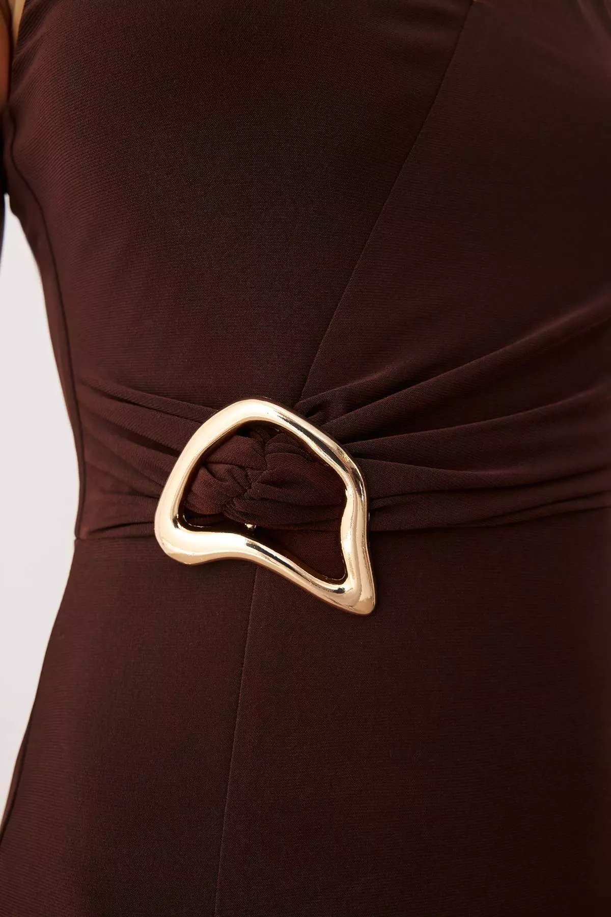 Brown Body Fitting Accessory Detail Knitted Long Stylish Evening Dress