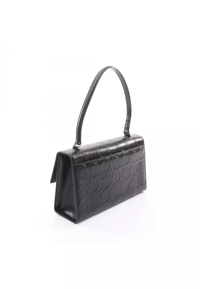 Pre-Loved Salvatore Ferragamo Gancini one shoulder bag leather black embossing