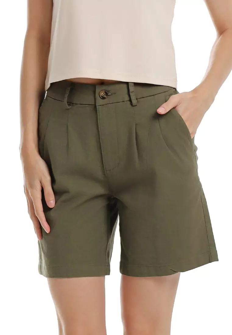 Forest Ladies Stretchable Pleated Bermuda Shorts Pants - 870151-48Olive