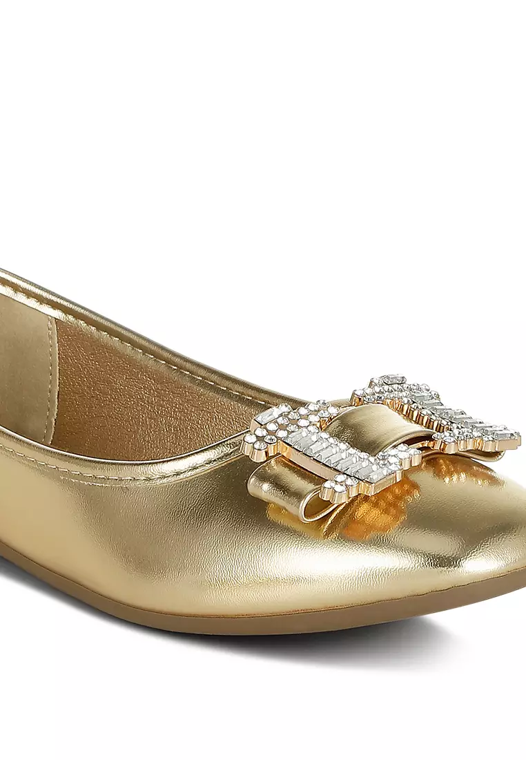 Rhinestone Buckle Metallic Ballerinas in Gold
