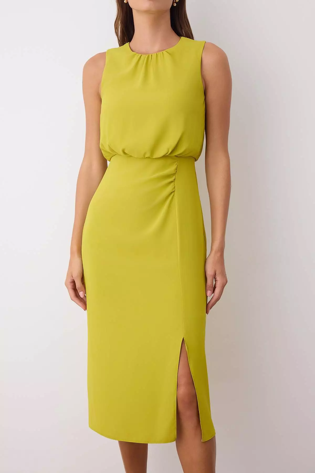 Oil Green Plain Midi Woven Dress Twoss25El00879