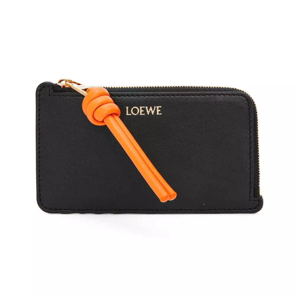 Knot Shiny Nappa Calfskin Coin Card Holders Black Bright Orange