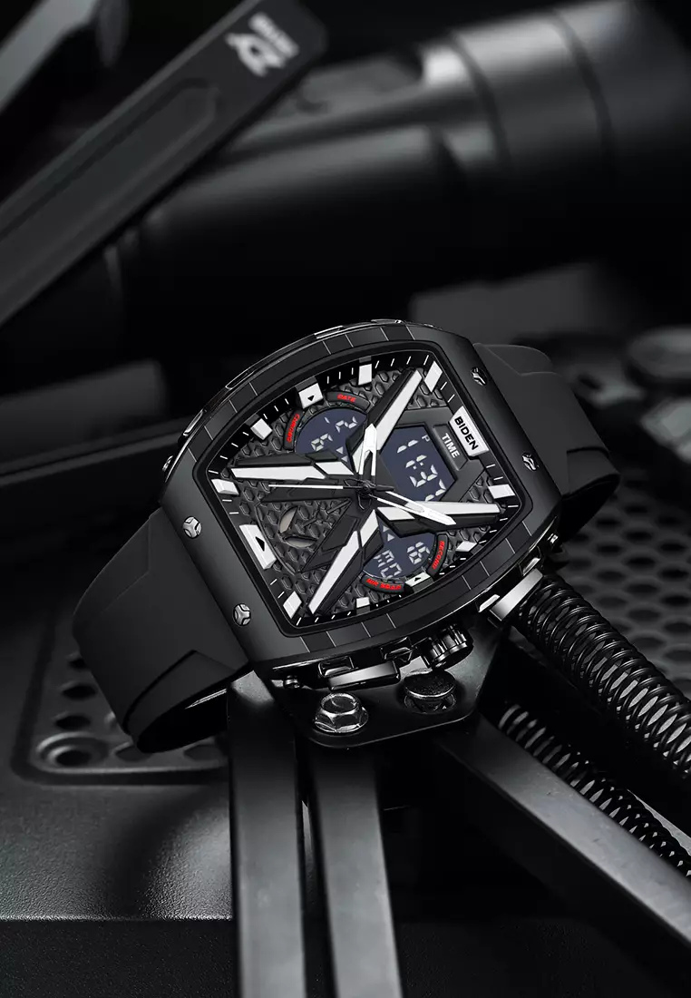 Jam Tangan Pria Original Multifungsi Analog & Digital Anti Air Tali Silicone Jam Tangan Cowok Blacksilver