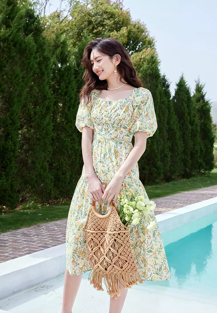 Puff Sleeve Square Neck Floral Summer Floral Dress