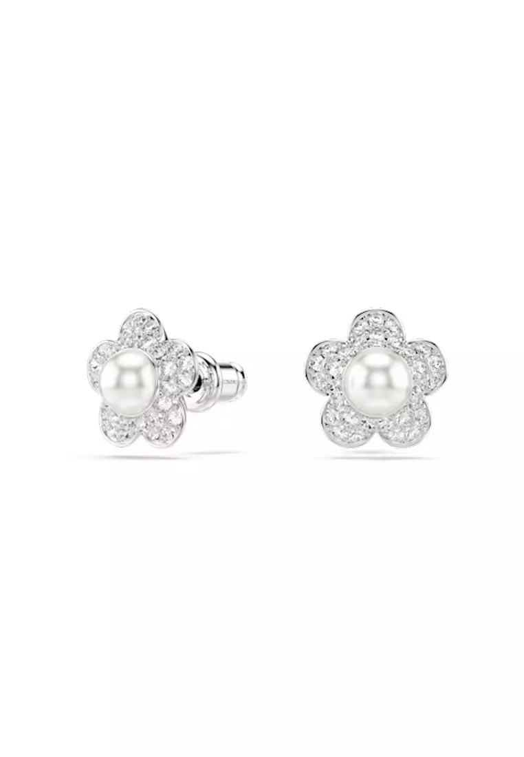 Ariana Grande x Swarovski stud earrings, Round cut, Flower, White, Rhodium plated