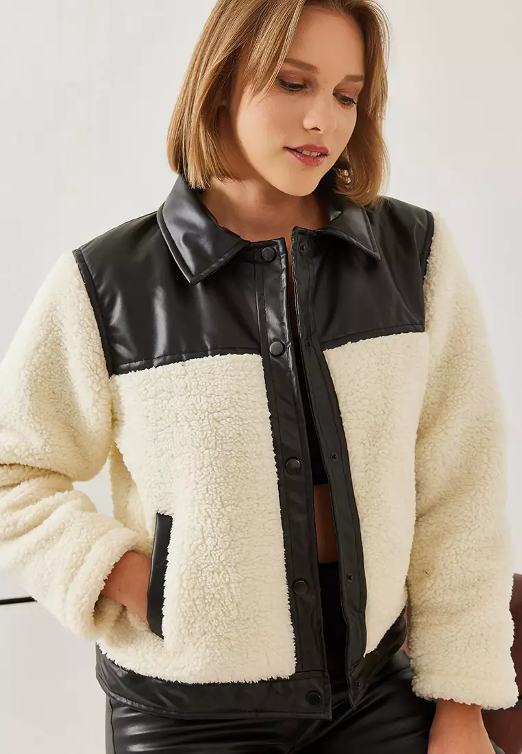 Women's Plush Leather Detailed Puffer Jacket Hk-027 60351218
