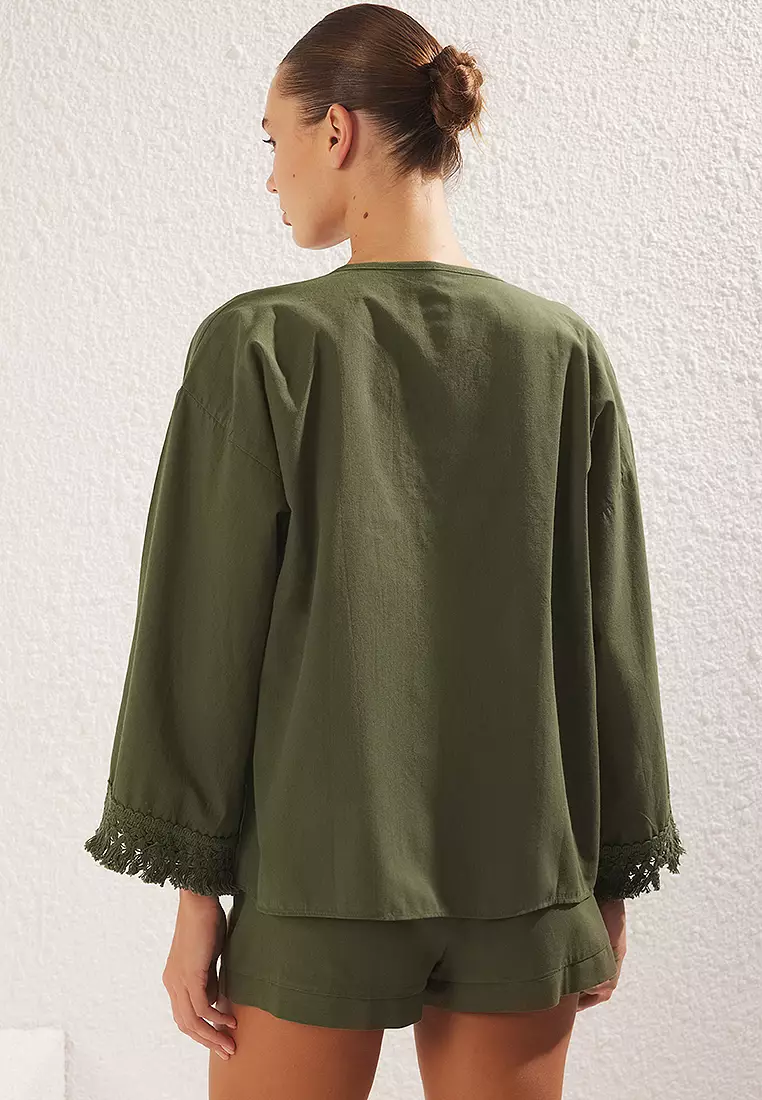 Khaki Weaving Tassel Kimono Shorts Beach Suit