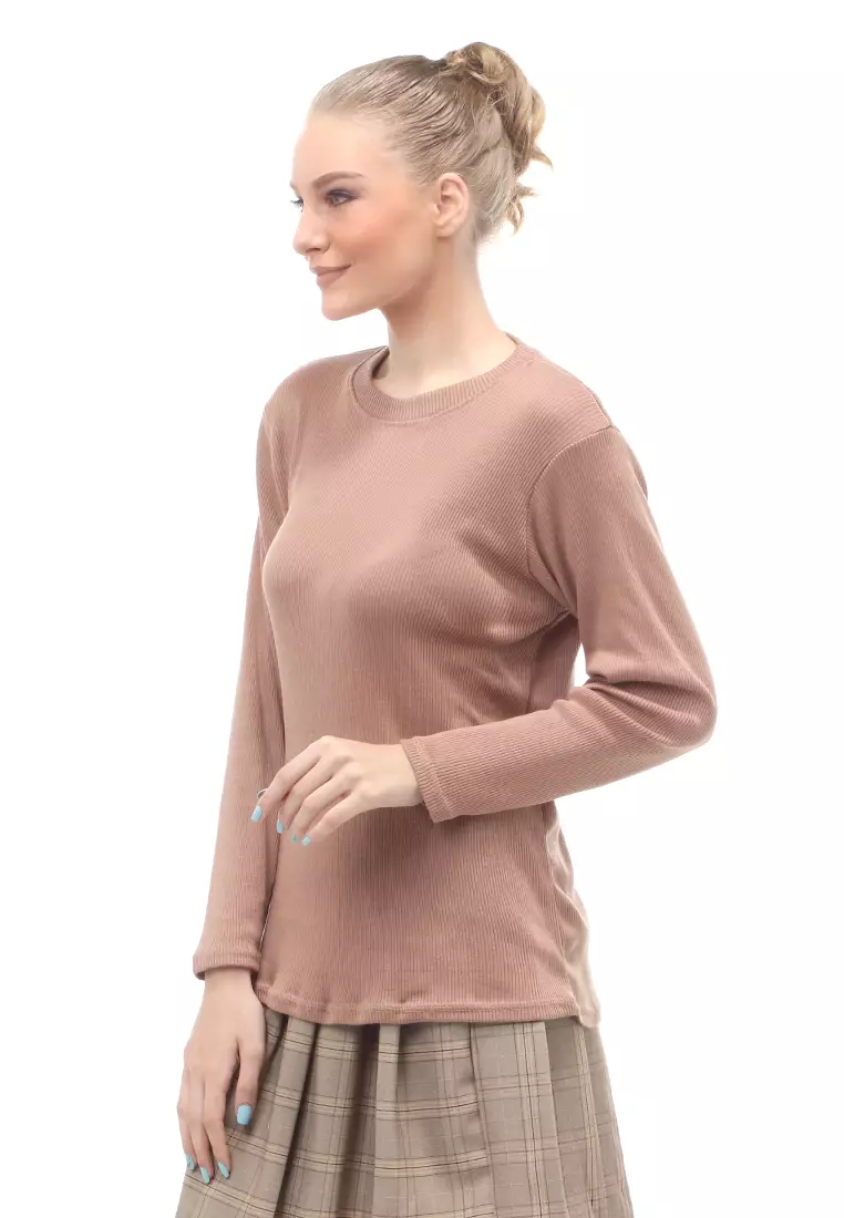 Briley Kaos Atasan Wanita Long Sleeves Motif Salur Relaxed Fit - Mocca Tua