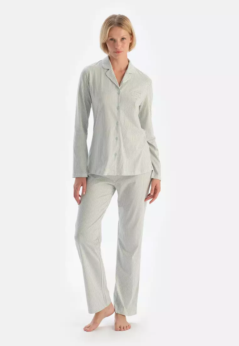 Turquoise Shirt & Trousers, Striped, Shirt Collar, Regular Fit, Long Sleeve Sleepwear for Women