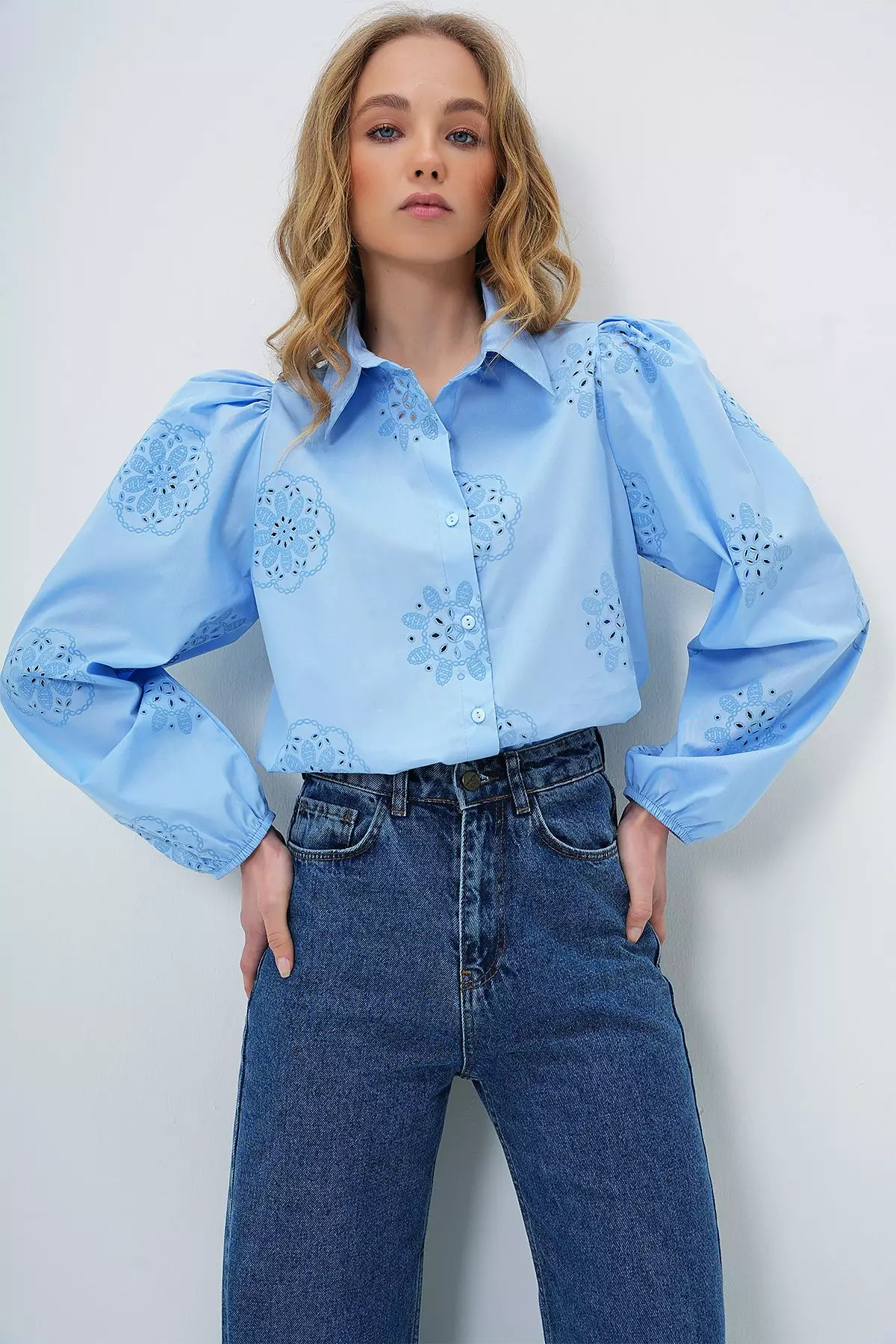 Women's Baby Blue Guipure Woven Premium Shirt Alc-X4366