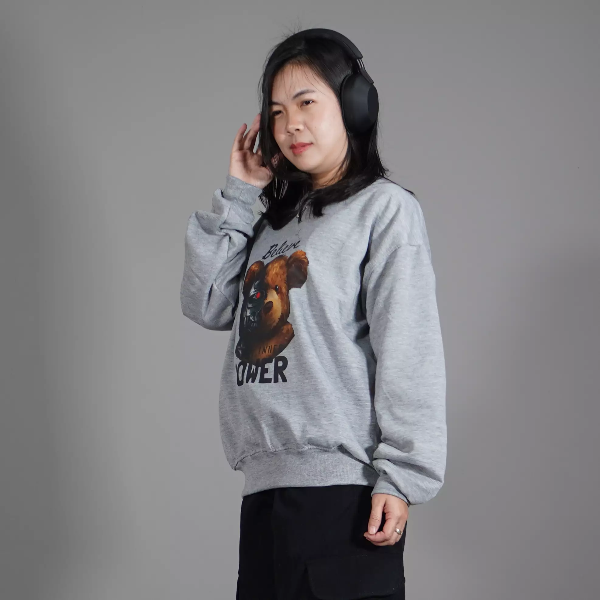  Sweater Sablon POWER Sweater Wanita Oversize Sweater Oversize Unisex - Abu Muda