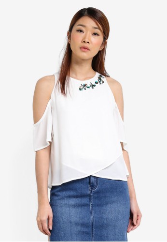 Cold Shoulder Embellished Neck Bowknot Detail Blouse