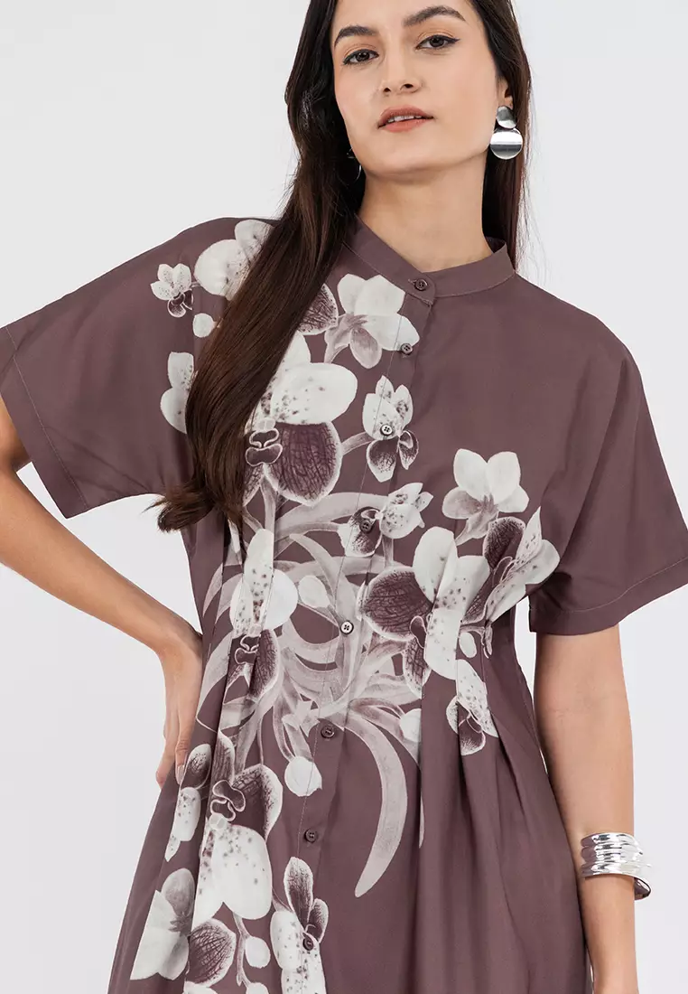 DUCELIA Pleated Front Filipiniana Dress