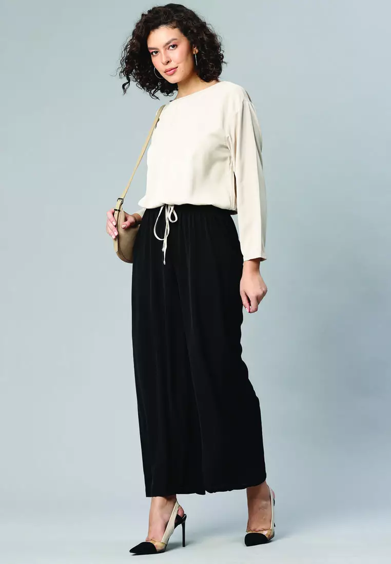 Black High Waisted Solid Wide Trouser Pants