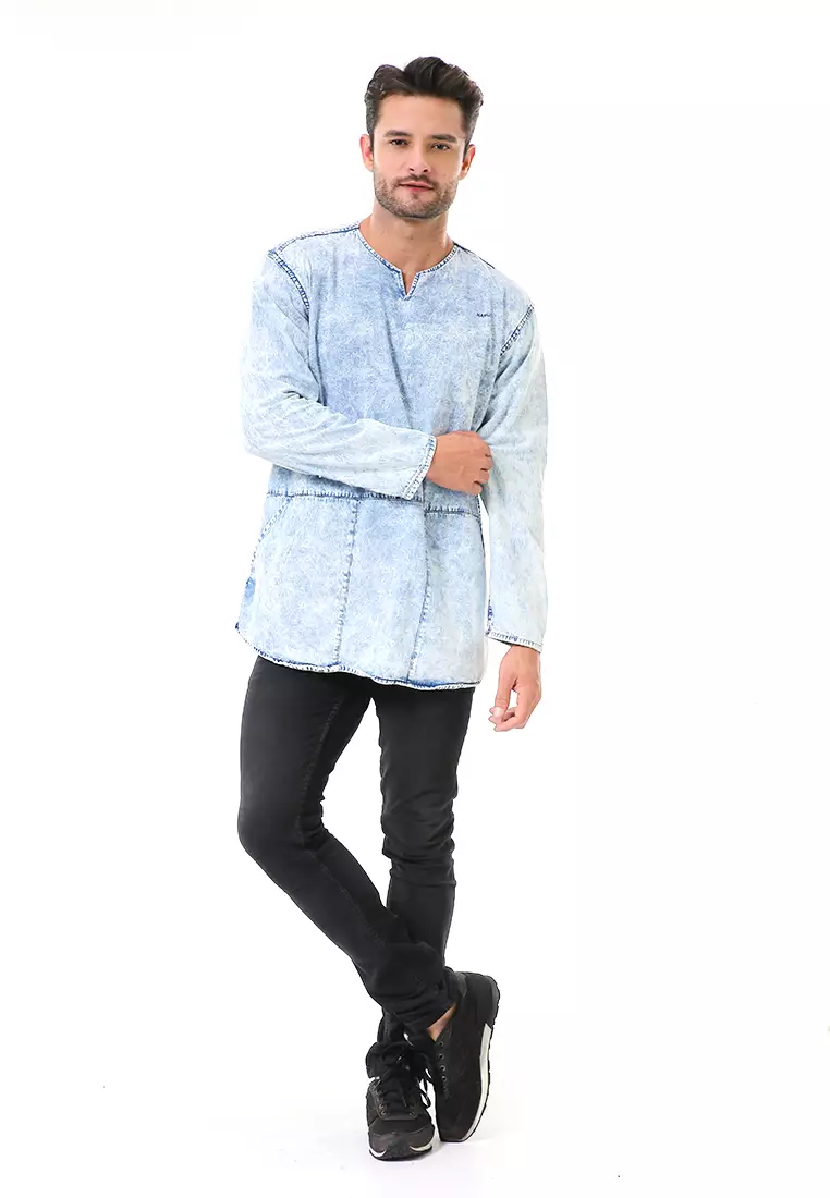 Leopold Kemeja Koko Jeans Pria Lengan Panjang Long Shirt Material Denim ORIGINAL - Blue