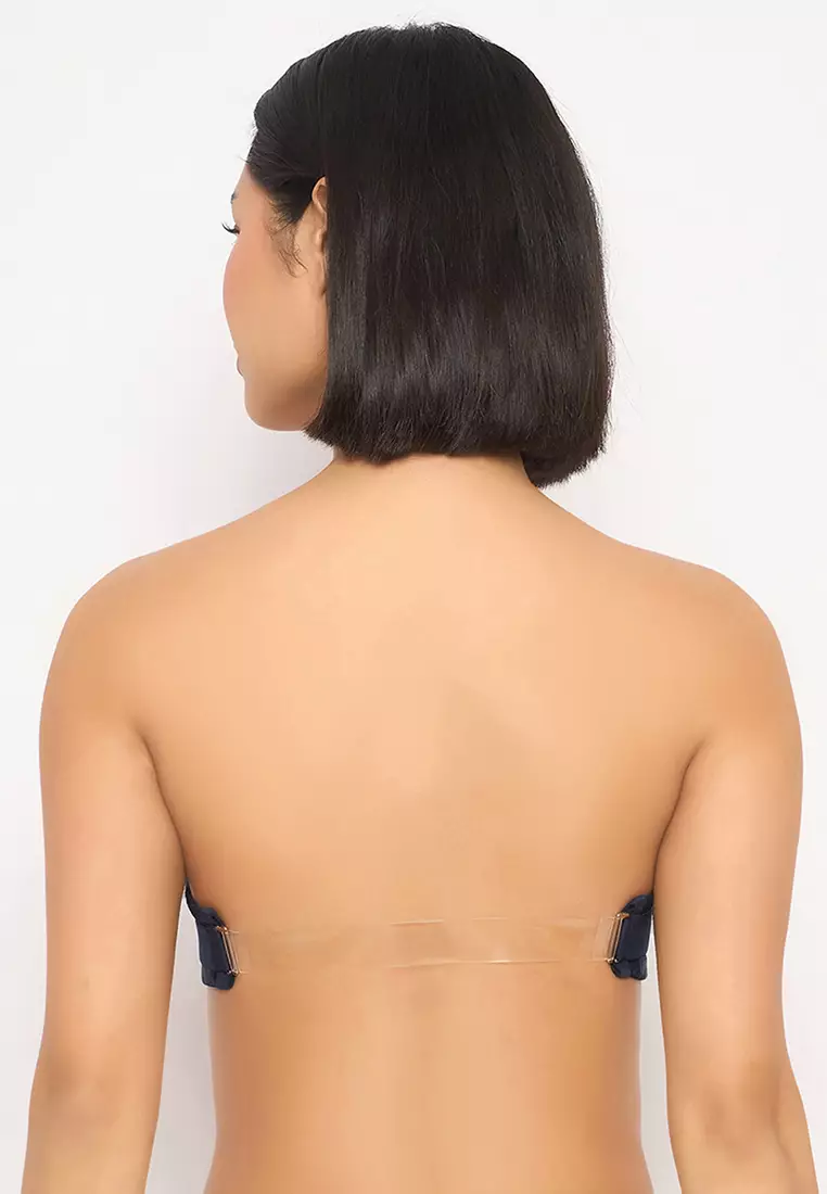 Clovia Invisi Padded Underwired Full Coverage Strapless Balconette Bra in Navy with Transparent Straps & Band - Lace