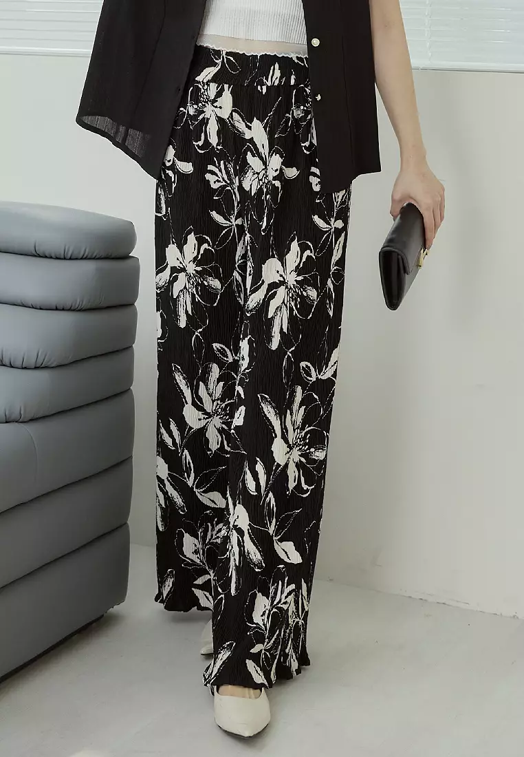 Floral Print Pleated Elasticated Trousers [BA7911]