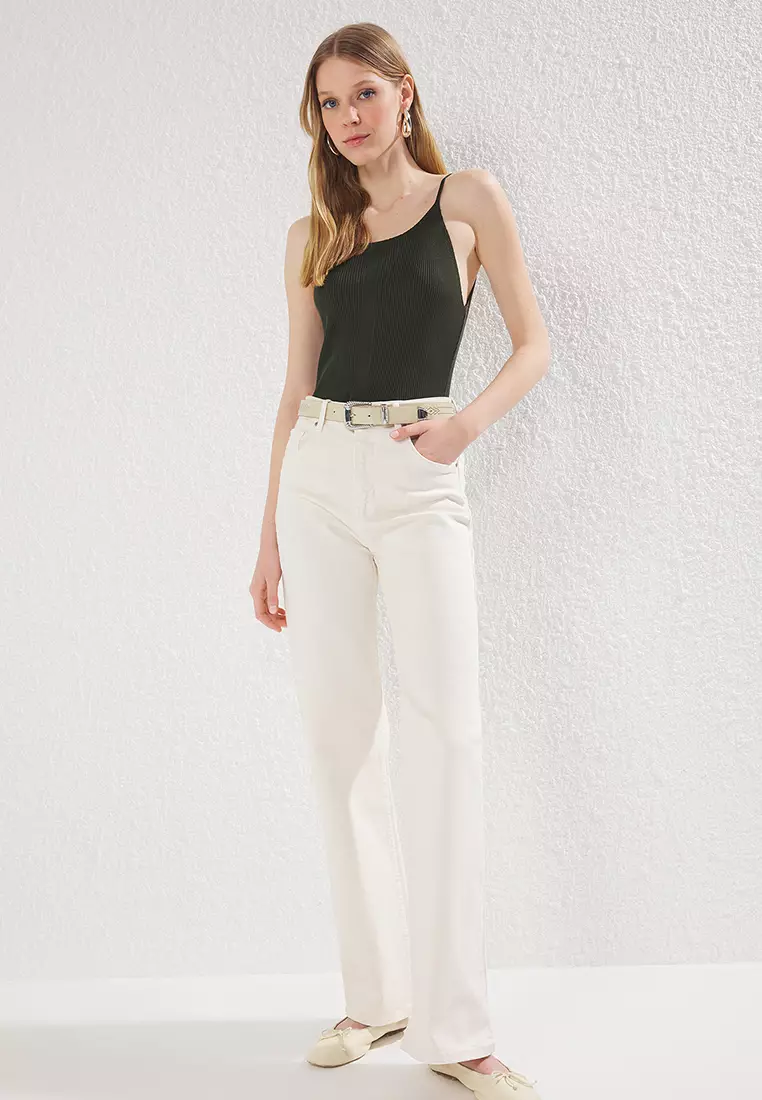 Ecru High Waist Wide Leg Jeans TWOAW25JE00309