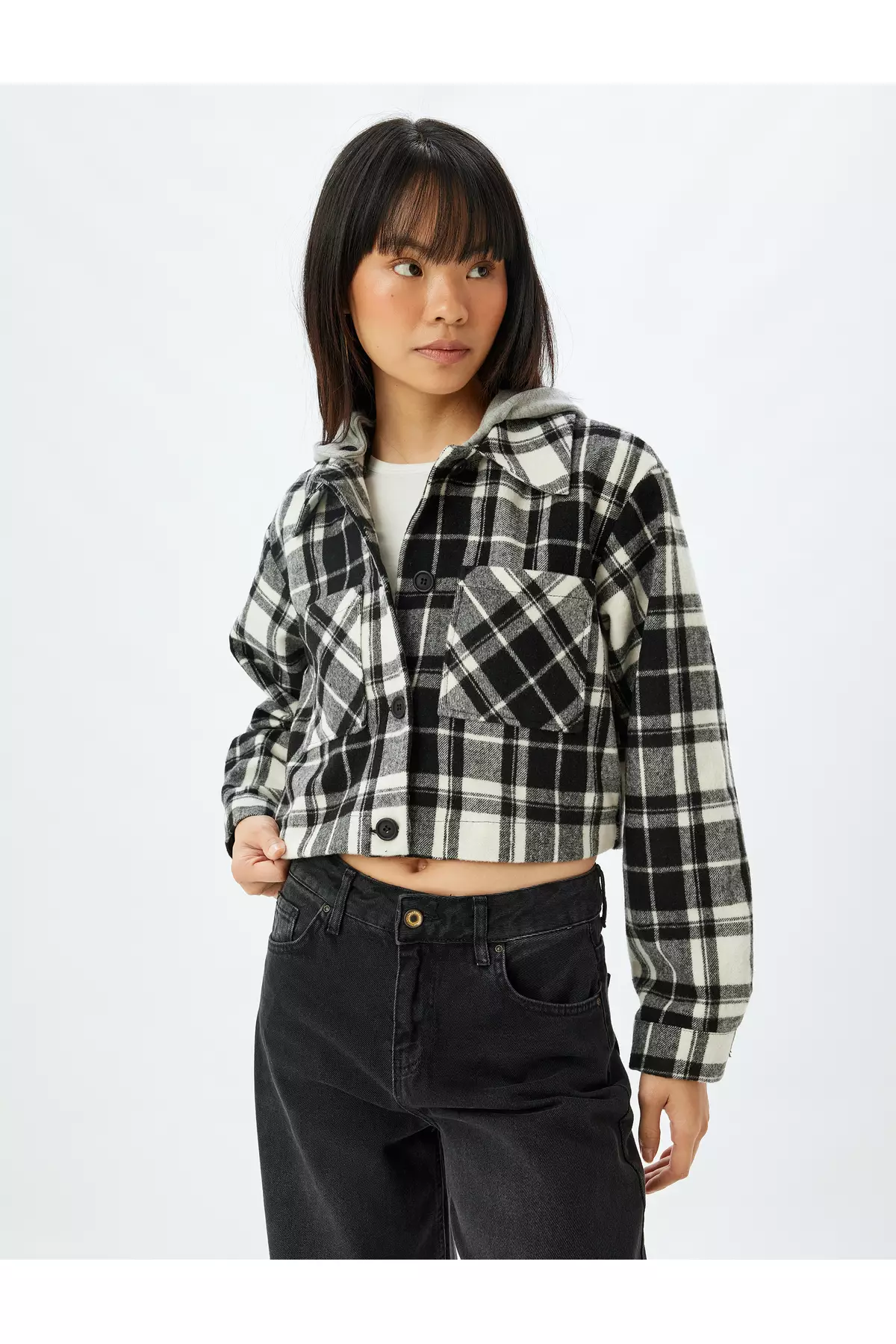 Plaid Crop Cashmere Shirt Jacket Hooded