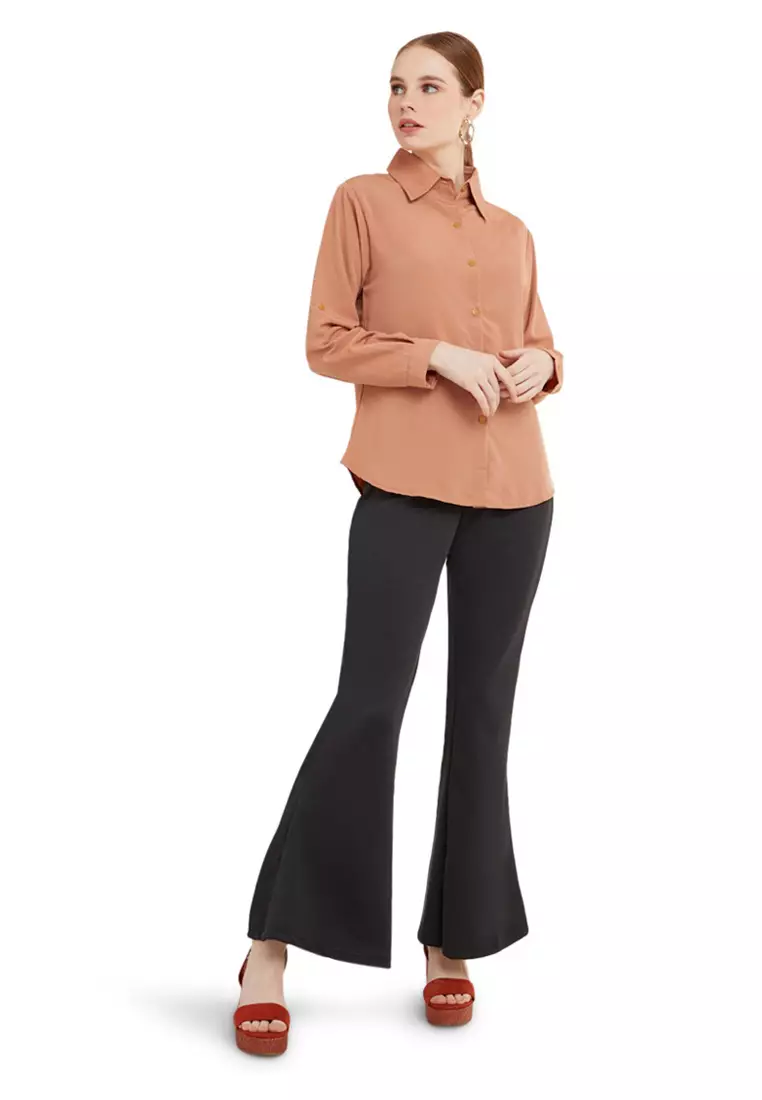 Kemeja Kerja Polos Plain Wanita Lengan Panjang Reguler Fit Premium Quality - Coklat