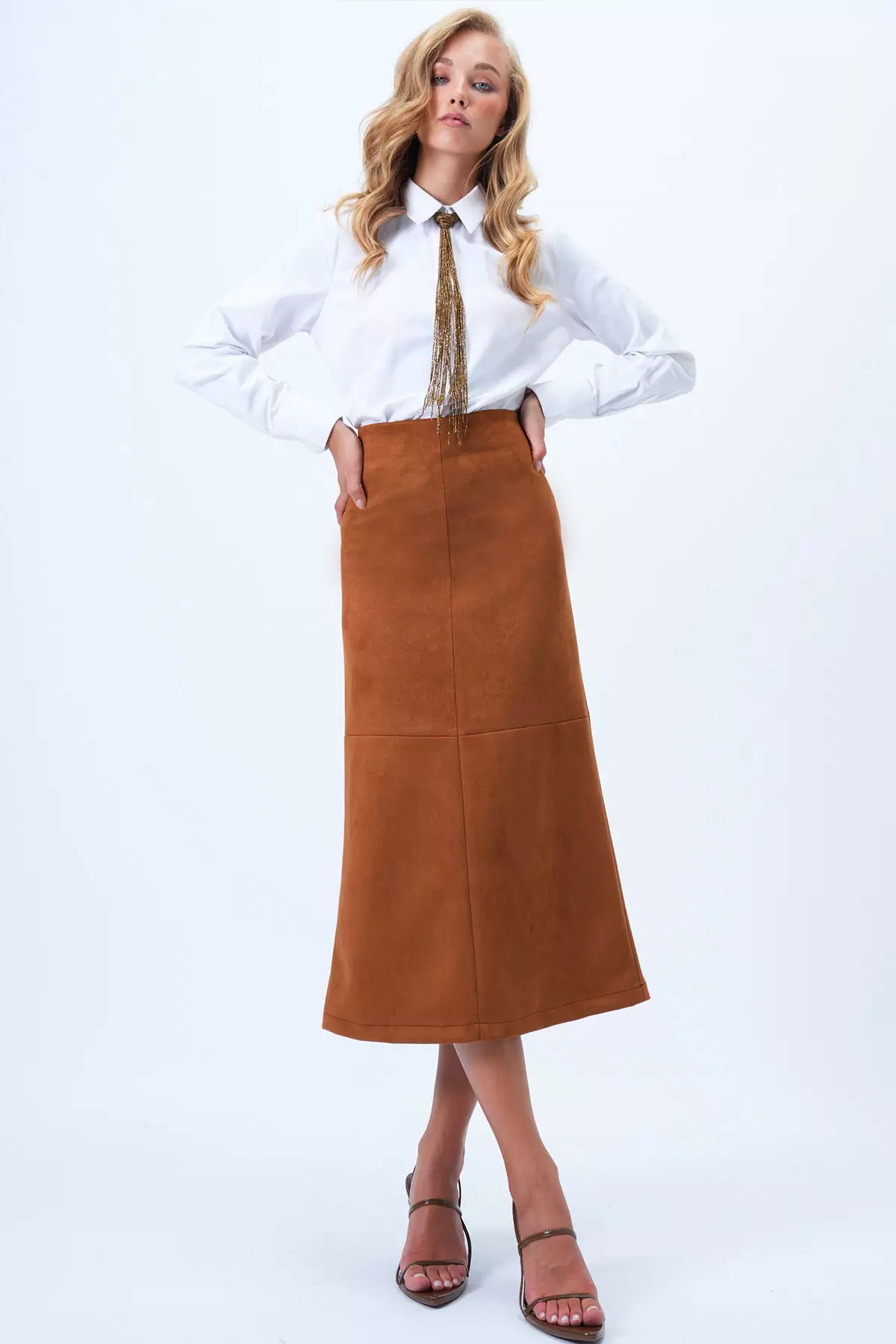 Women's Tan Hidden Zippered Stitch Detailed Faux Suede Maxi Skirt Alc-X14407
