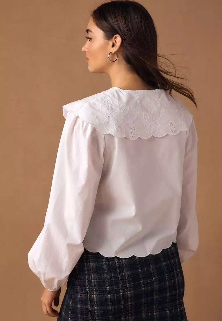 Statement Collar Broderie Long Sleeve Blouse