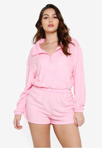 MISSGUIDED pink Towelling Half Zip Top And Shorts Set 9B751AAD003851GS_1