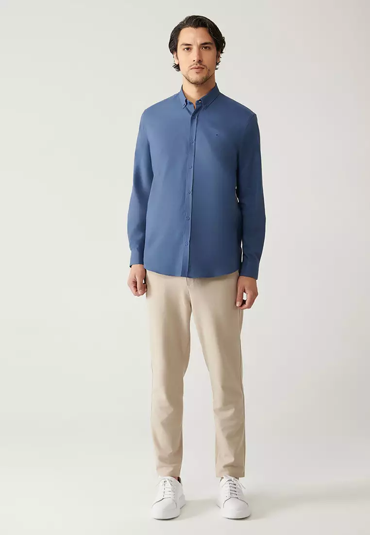 Men's Indigo Button-Down Collar 100% Cotton Linen Textured Shirt E002141