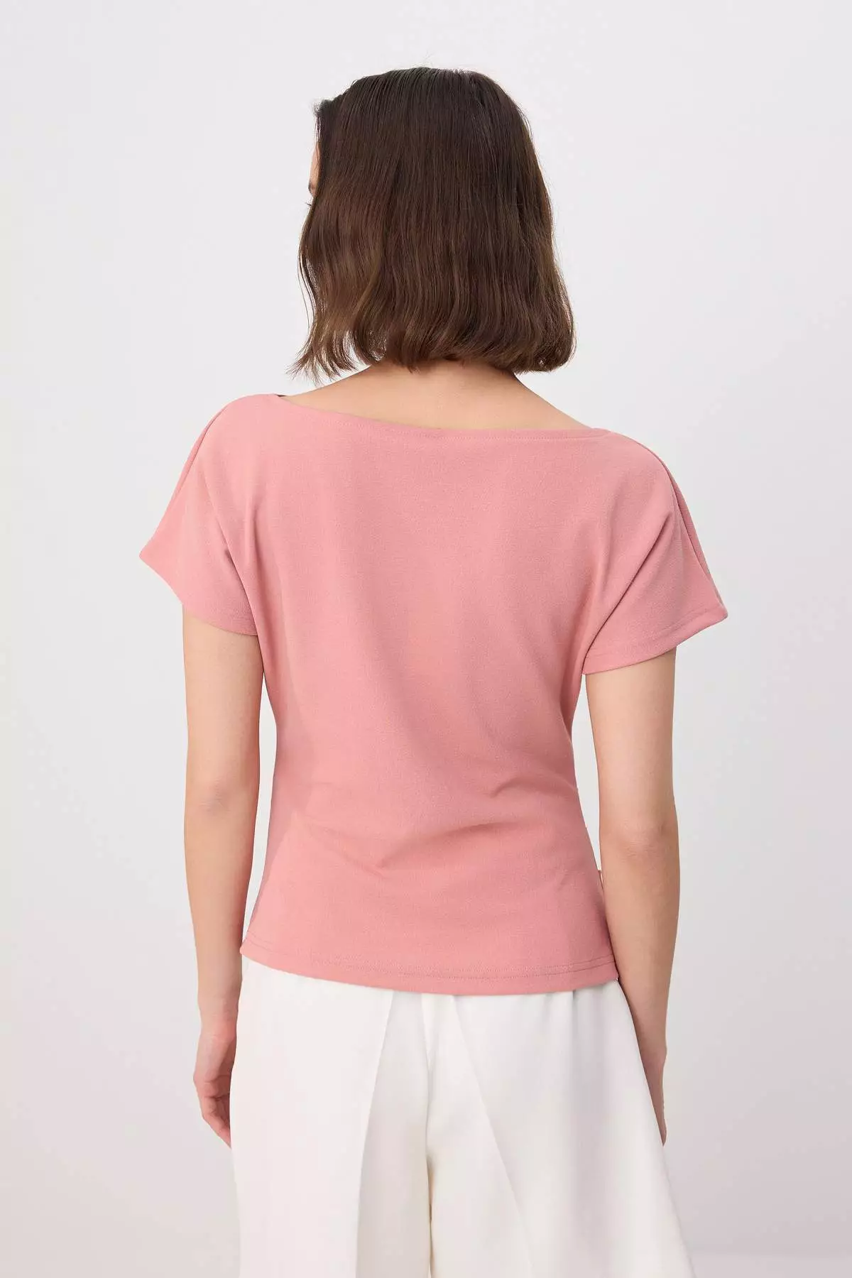 Pink Fitted/Bodycon Boat Neck Low Shoulder Short Sleeve Scuba Crepe Knitted Blouse Twoss26Bz00080