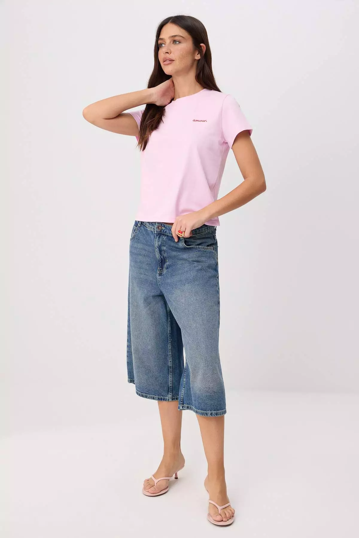 Pink Embroidered Regular Fit Short Sleeve 100% Cotton Knitted T-Shirt Twoss26Ts00124