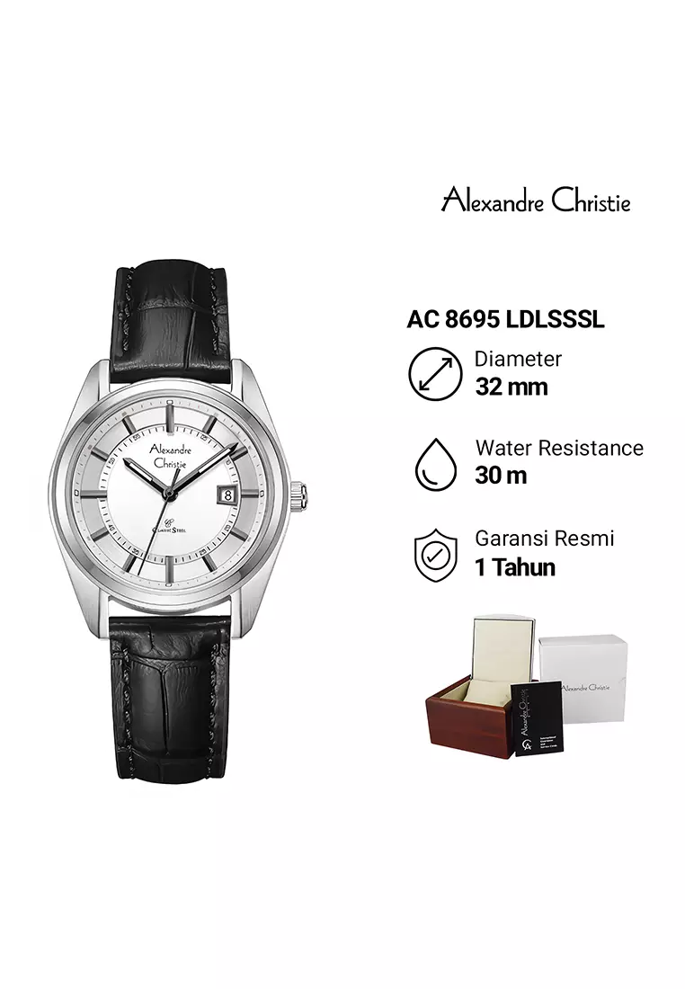 Alexandre Christie Classic Steel - Jam Tangan Analog Wanita - Silver Case Black Leather Strap - 8695LDLSSSL
