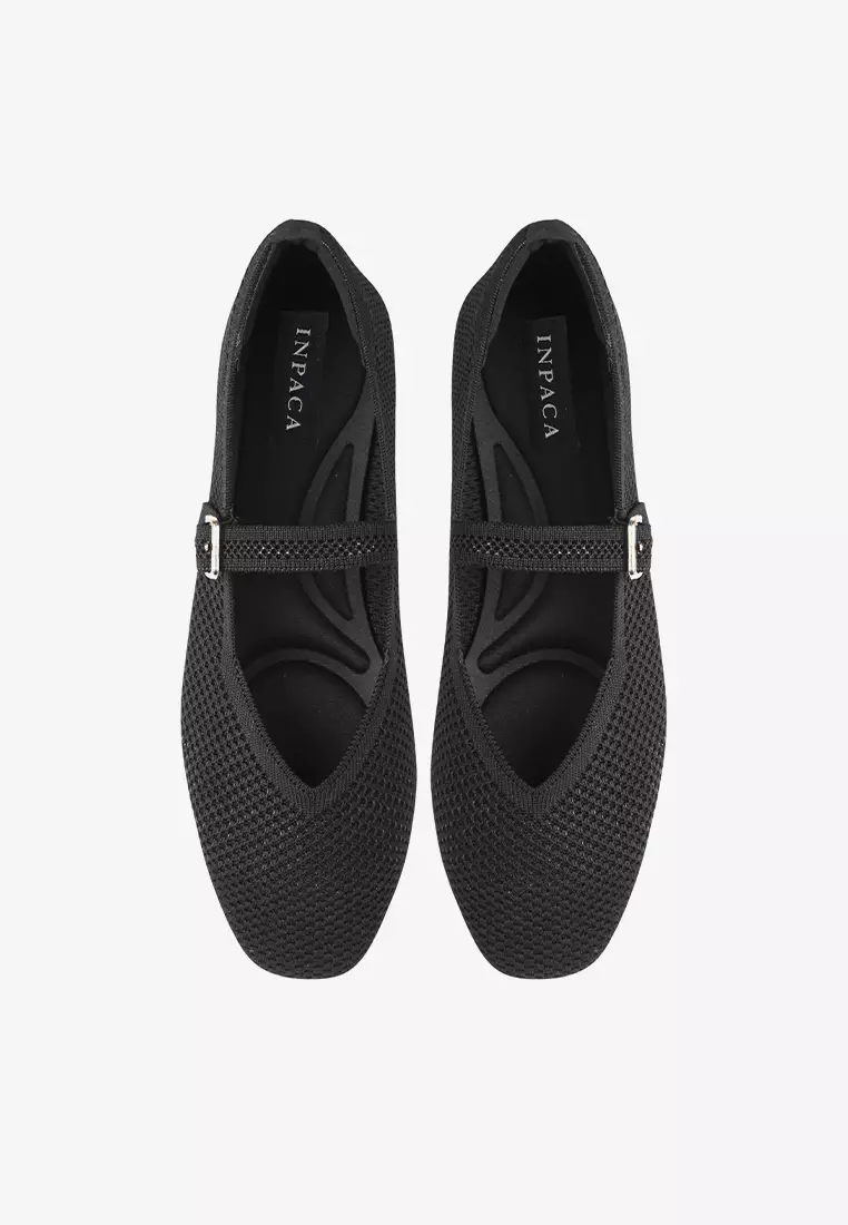 Maia Ballerina Knit Flatshoes Square Toe Mary Jane in Black