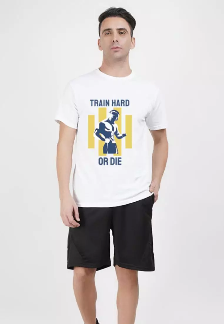 Train Hard Graphic White Cotton Blend Short Sleeve Workout/Training Tee