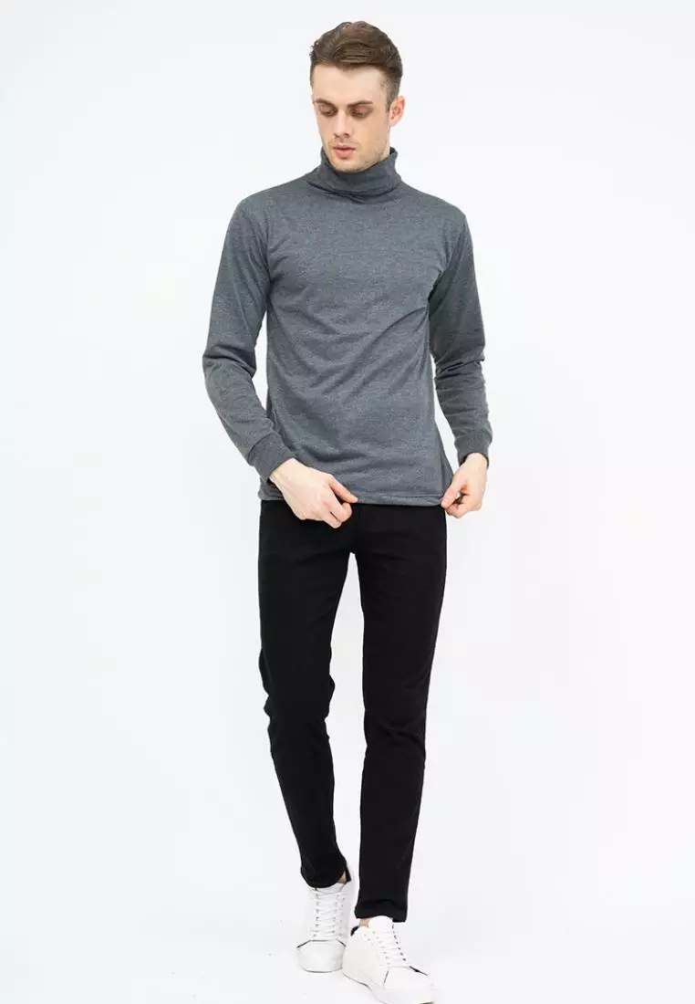 Turtle Neck pria lengan panjang abu tua kaos kerah tinggi slim fit houseofcuff